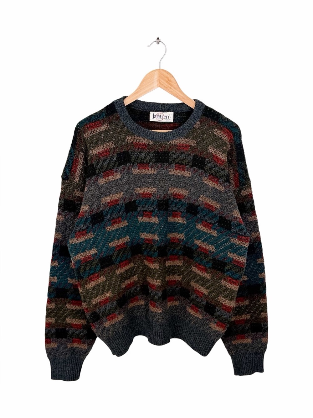 Jantzen Mens Large Knit Sweater Geometric Colorblock Crewneck Vintage 90s USA